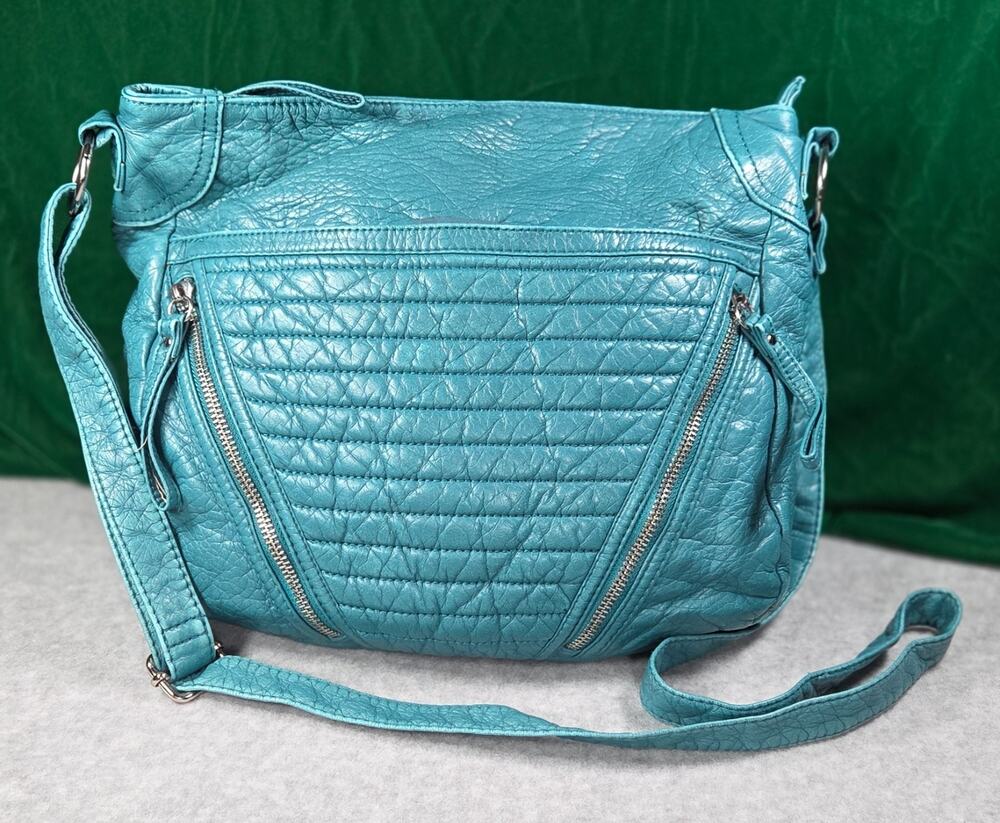Candies Teal Blue Faux Leather Crossbody Purse Quilted Chevron Zip Shoulder Bag